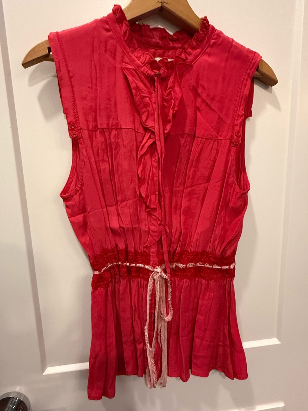 Vintage Free People (M) Silky Sleeveless Ruffle Tie-Waist Top bright pink